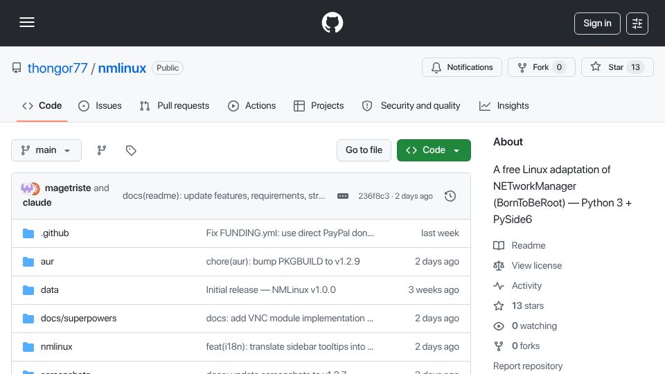 Screenshot of github.com: Show HN: A free Linux adaptation of NETworkManager by BornToBeRoot