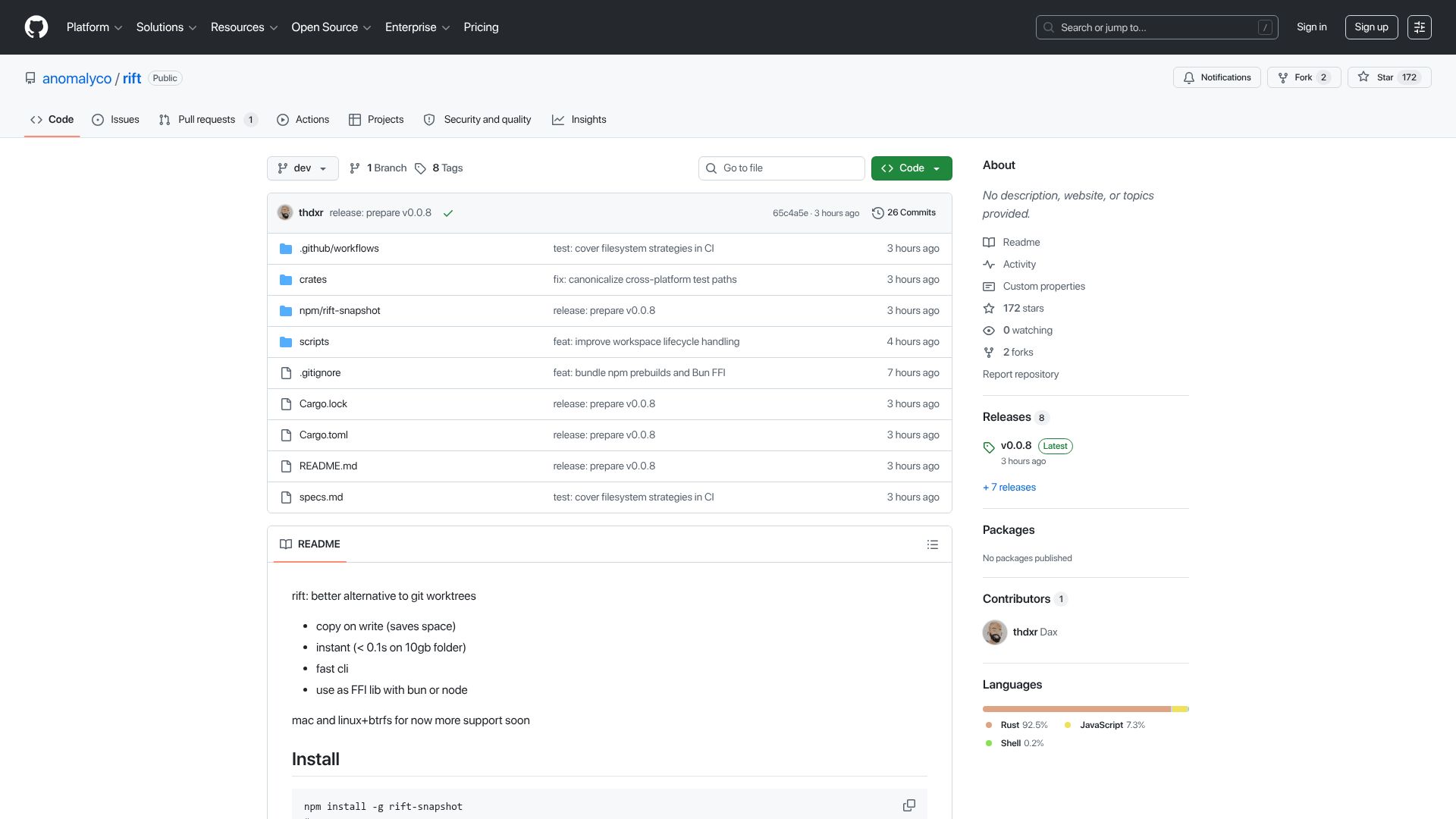Screenshot of github.com: Rift: Better Alternative to Git Worktrees