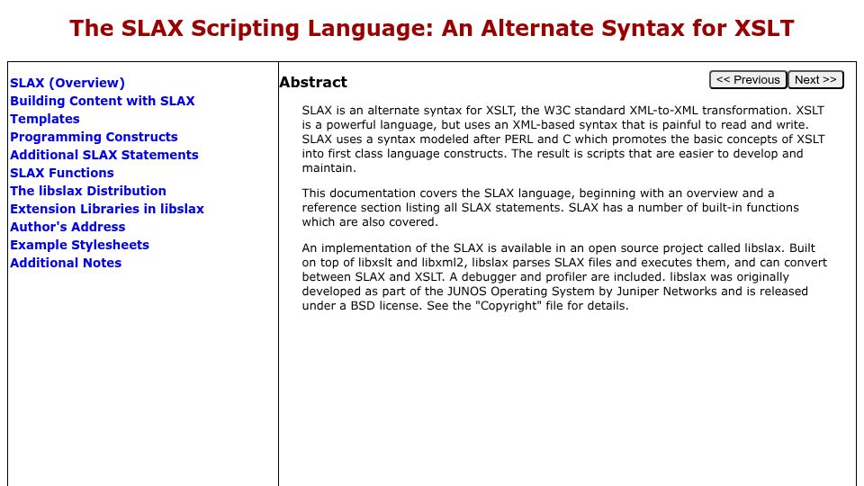 Screenshot of juniper.github.io: The SLAX Scripting Language: An Alternate Syntax for XSLT