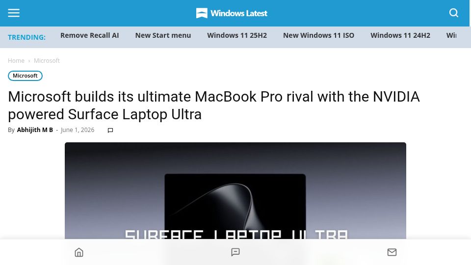 Screenshot of windowslatest.com: Microsoft builds MacBook Pro rival with NVIDIA-powered Surface Laptop Ultra
