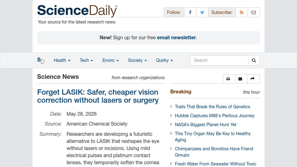 Screenshot of sciencedaily.com: Forget LASIK: Safer, cheaper vision correction without lasers or surgery