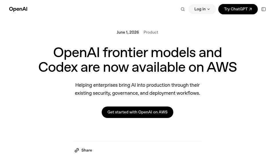Screenshot of openai.com: OpenAI frontier models and Codex are now available on AWS