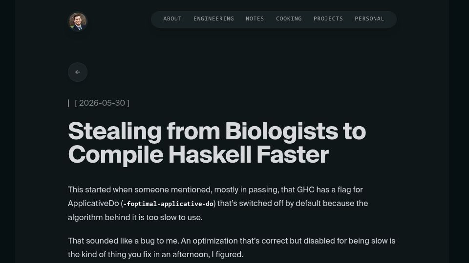 Screenshot of iankduncan.com: Stealing from Biologists to Compile Haskell Faster