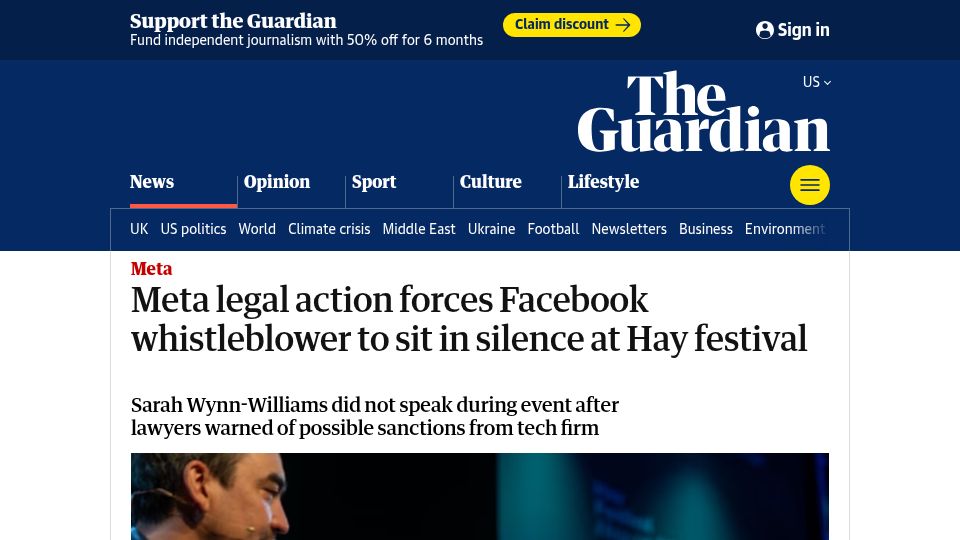 Screenshot of theguardian.com: Meta legal action forces Facebook whistleblower to sit in silence