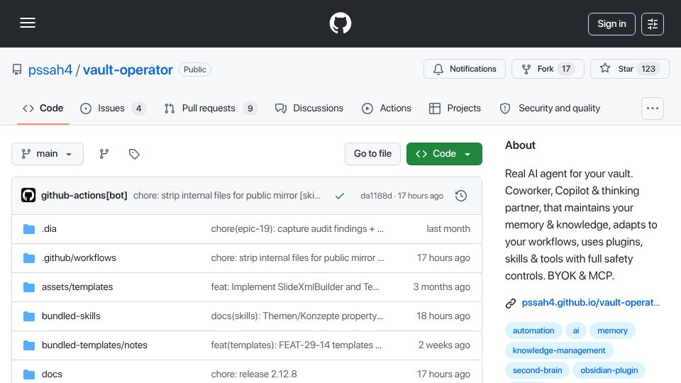 Screenshot of github.com: Karpathy LLM Wiki pattern integrated into Obsidian agenic workflow