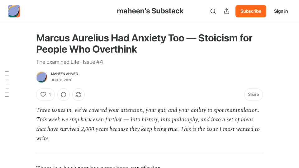 Screenshot of stvrrll1ght.substack.com: Marcus Aurelius Had Anxiety Too – Stoicism for People Who Overthink