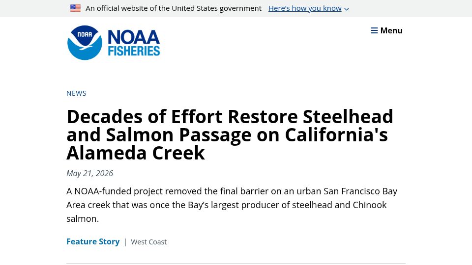 Screenshot of fisheries.noaa.gov: Decades of Effort Restore Steelhead and Salmon Passage on Alameda Creek