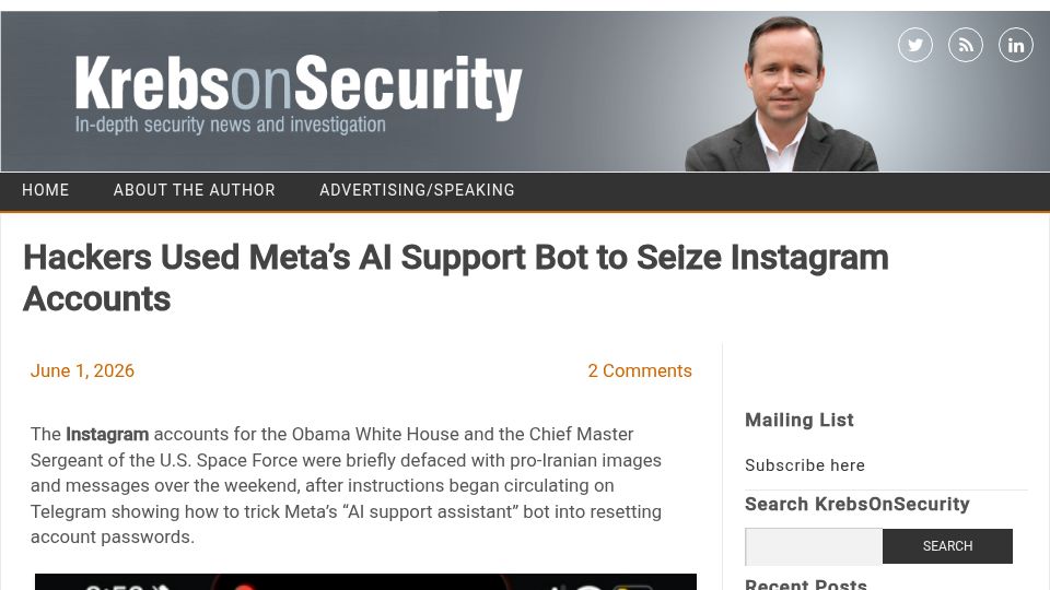 Screenshot of krebsonsecurity.com: Hackers Used Meta's AI Support Bot to Seize Instagram Accounts