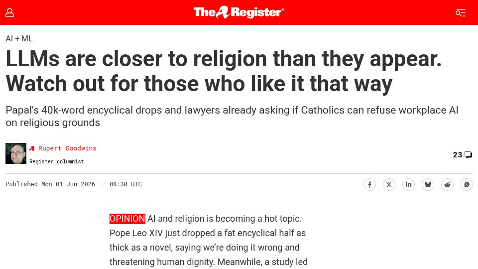 Screenshot of theregister.com: LLMs Are Closer to Religion Than They Appear