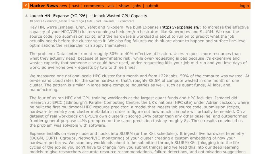 Screenshot of Hacker News post: Launch HN: Expanse (YC P26) – Unlock Wasted GPU Capacity