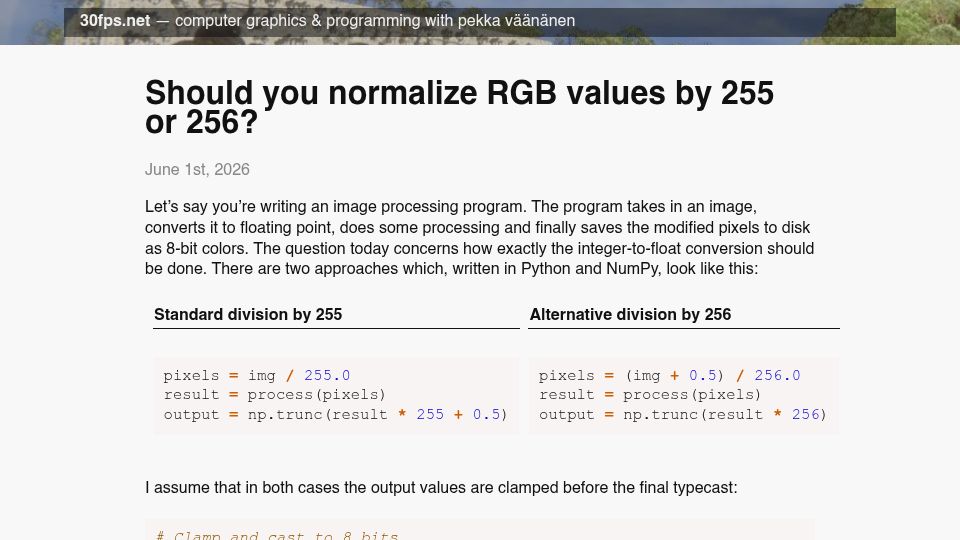 Screenshot of 30fps.net: Should you normalize RGB values by 255 or 256?