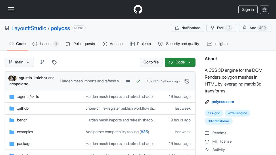 Screenshot of github.com: Show HN: A CSS 3D Engine (no WebGL)