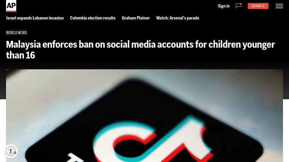 Screenshot of apnews.com: Malaysia enforces ban on social media accounts for children younger than 16