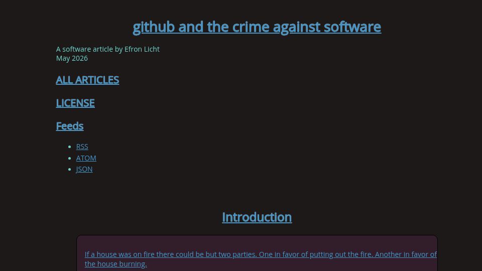 Screenshot of eblog.fly.dev: GitHub and the crime against software
