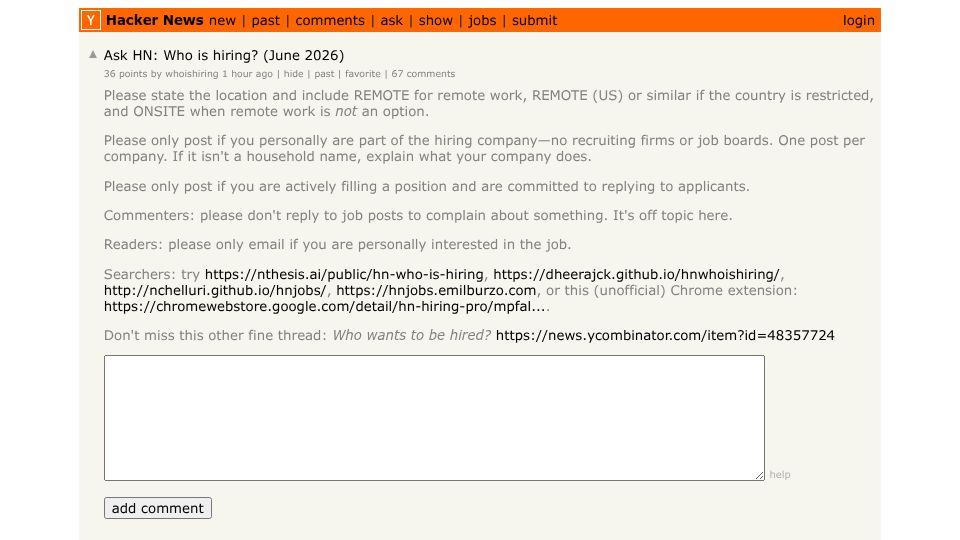 Screenshot of Hacker News post: Ask HN: Who is hiring? (June 2026)
