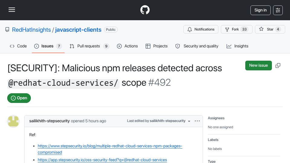 Screenshot of github.com: Malicious npm packages detected across Red Hat Cloud Services