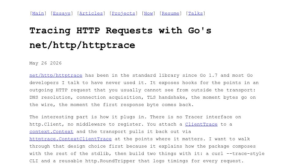 Screenshot of blainsmith.com: Tracing HTTP Requests with Go's net/HTTP/httptrace