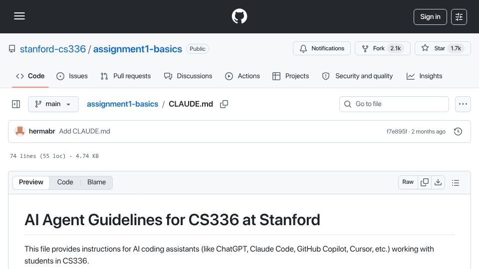 Screenshot of github.com: AI Agent Guidelines for CS336 at Stanford