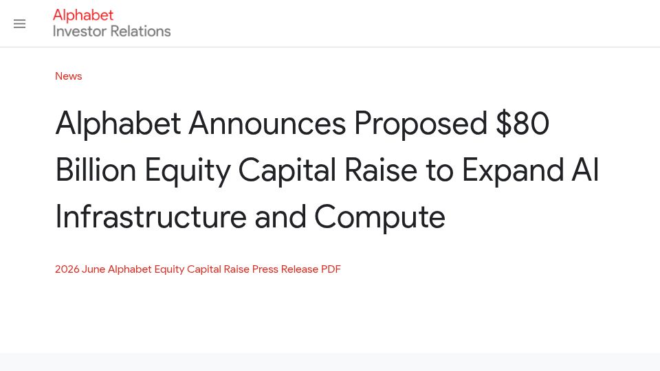 Screenshot of abc.xyz: Alphabet announces $80B equity capital raise to expand AI infra and compute