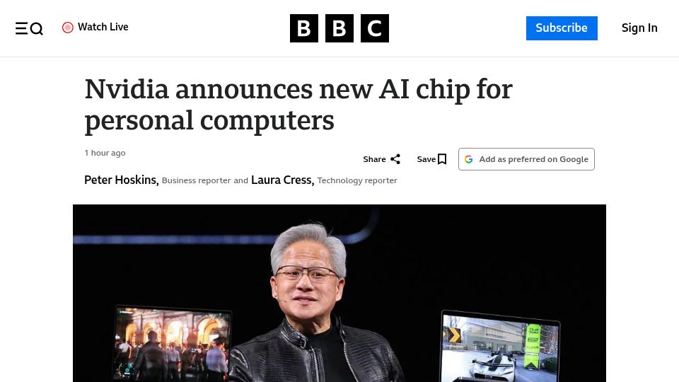 Screenshot of bbc.com: Nvidia announces new AI chip for personal computers
