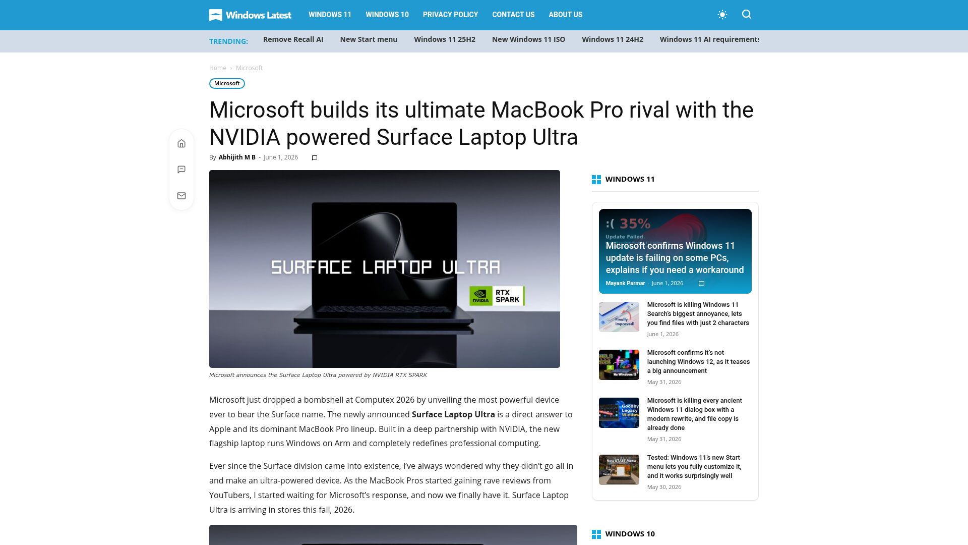 Screenshot of windowslatest.com: Microsoft builds MacBook Pro rival with NVIDIA-powered Surface Laptop Ultra