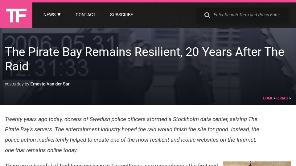 Screenshot of torrentfreak.com: The Pirate Bay Remains Resilient, 20 Years After the Raid
