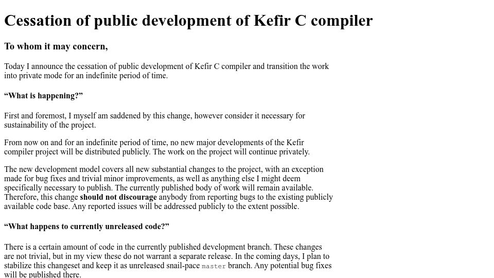 Screenshot of kefir.protopopov.lv: Cessation of public development of Kefir C compiler