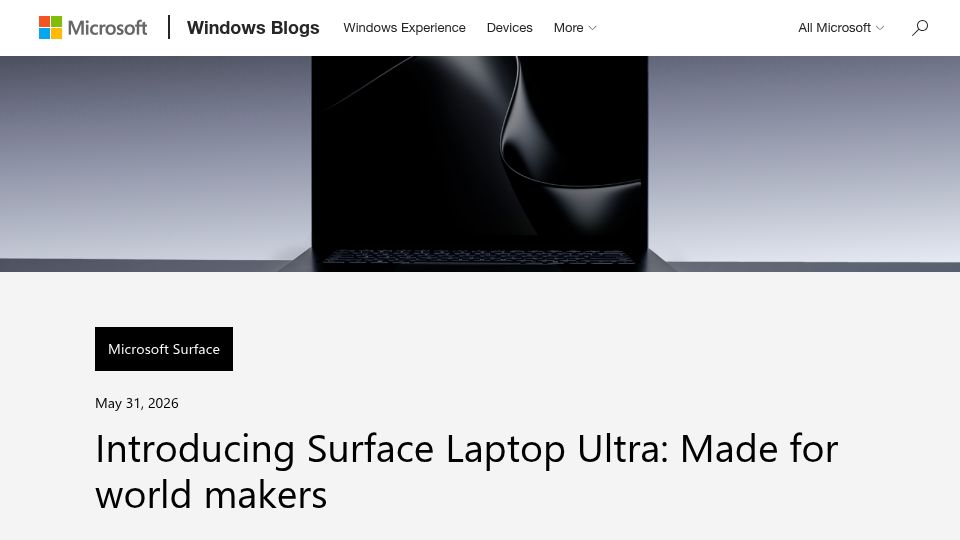 Screenshot of blogs.windows.com: Surface Laptop Ultra