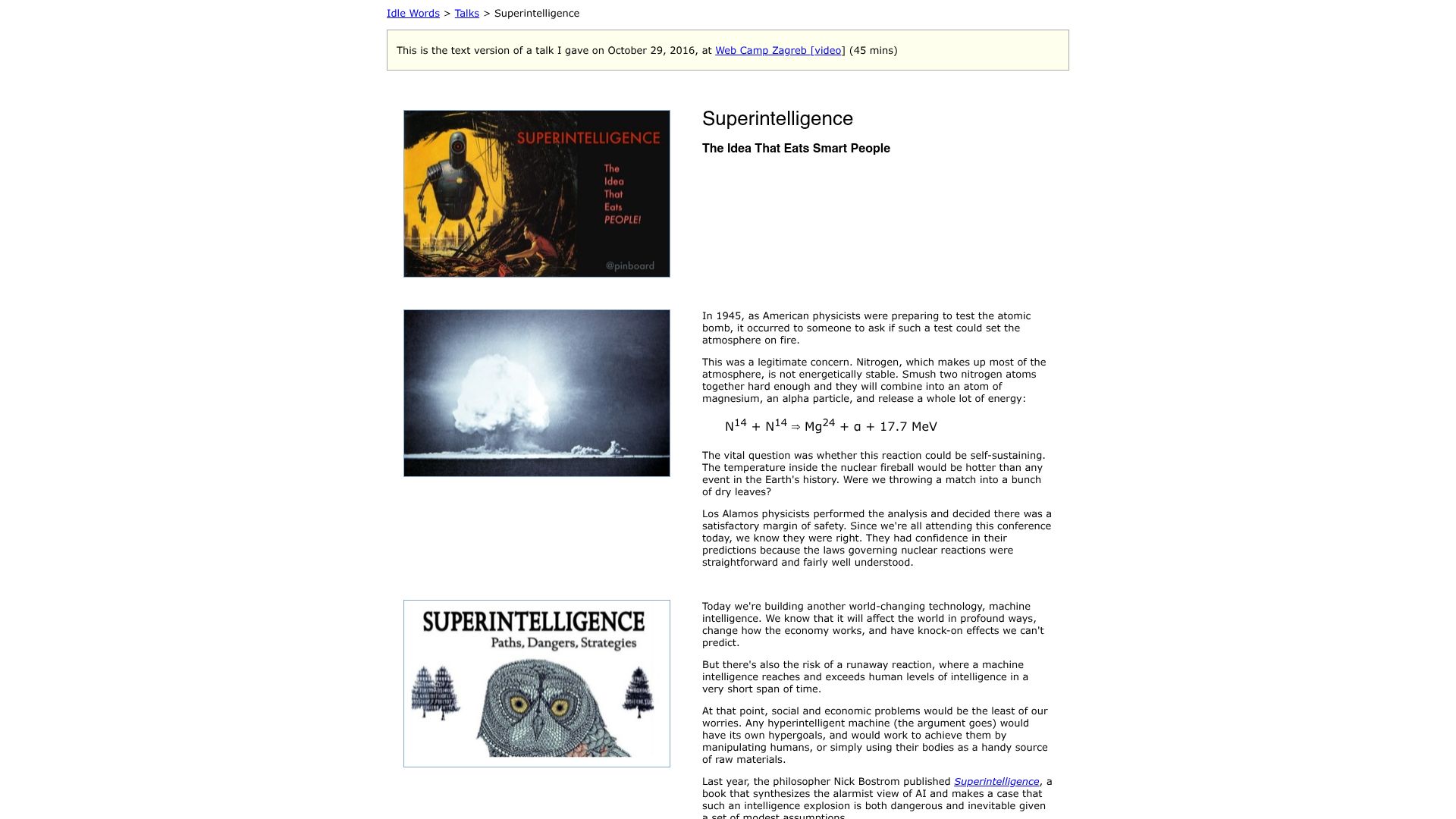 Screenshot of idlewords.com: Superintelligence: The Idea That Eats Smart People (2016)