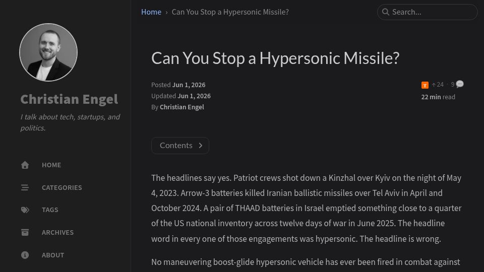 Screenshot of protortyp.github.io: Can You Stop a Hypersonic Missile?