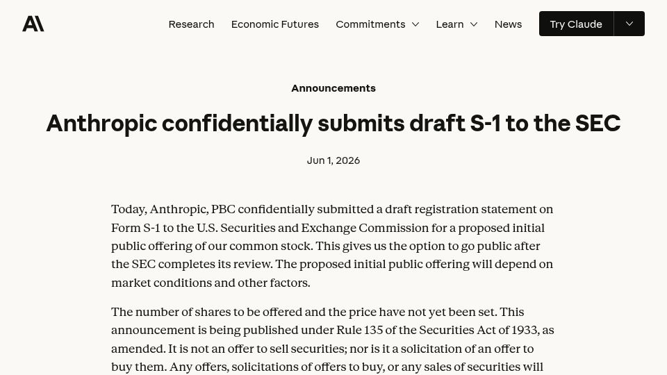 Screenshot of anthropic.com: Anthropic confidentially submits draft S-1 to the SEC
