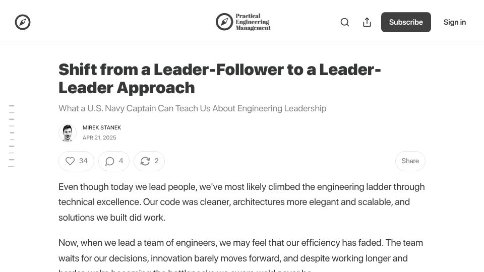 Screenshot of practicalengineering.management: Shift from a leader-follower to a leader-leader approach