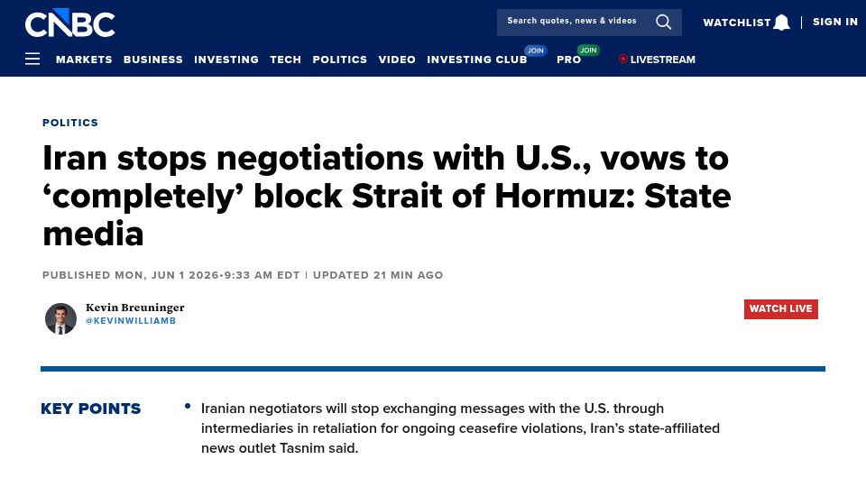Screenshot of cnbc.com: Iran stops negotiations with U.S., vows to 'completely' block Strait of Hormuz