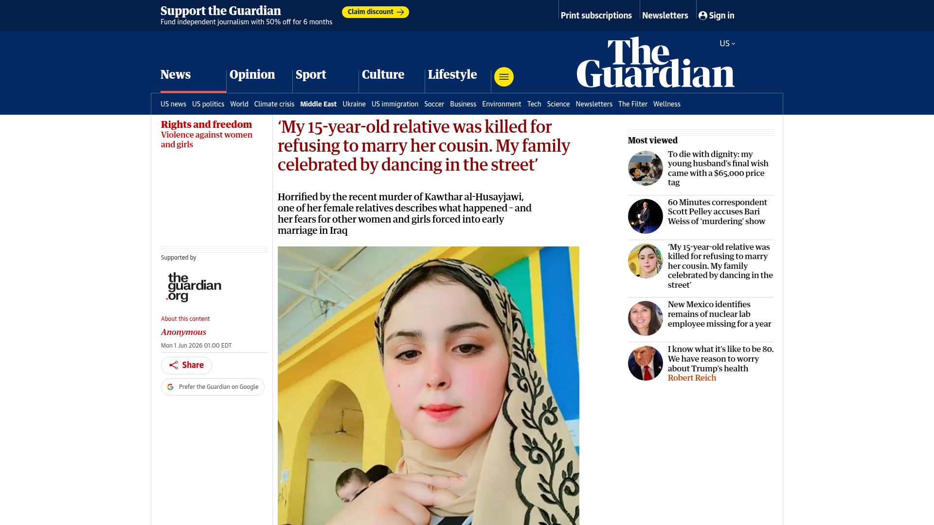 Screenshot of theguardian.com: My 15-year-old relative was killed for refusing to marry her cousin