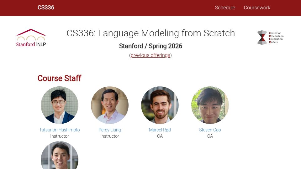 Screenshot of cs336.stanford.edu: CS336: Language Modeling from Scratch