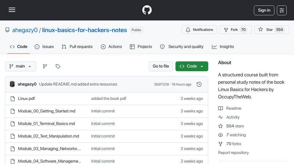 Screenshot of github.com: Linux Basics for Hackers (2019)