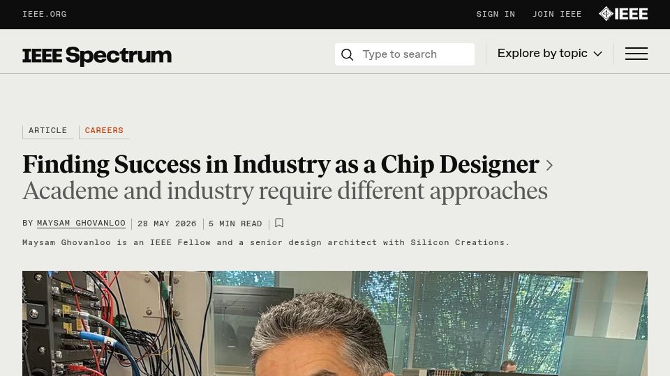 Screenshot of spectrum.ieee.org: Finding success in industry as a chip designer