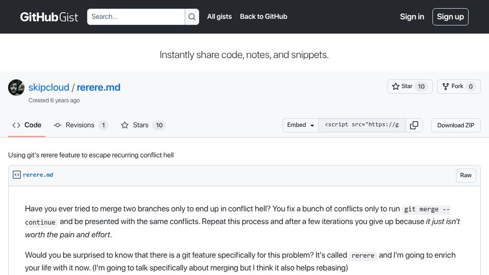 Screenshot of gist.github.com: Using Git's rerere feature to escape recurring conflict hell