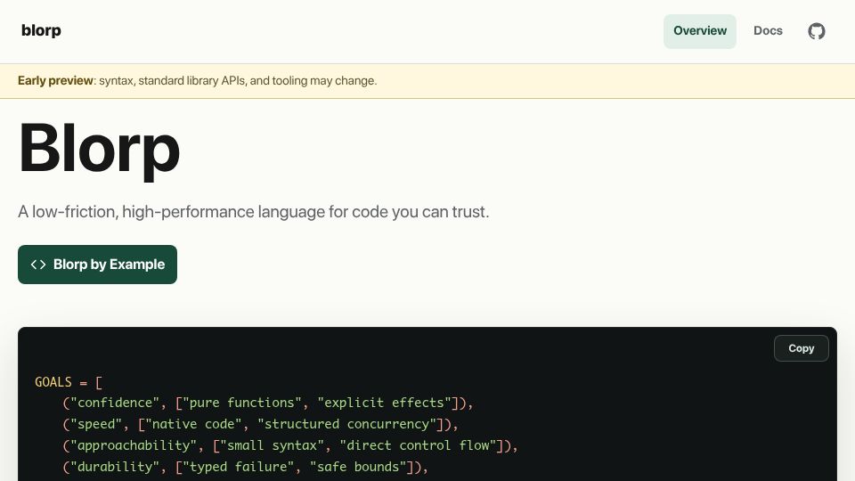 Screenshot of blorp-lang.org: Blorp Language