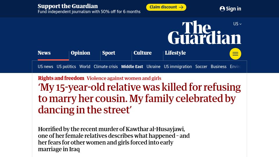 Screenshot of theguardian.com: My 15-year-old relative was killed for refusing to marry her cousin