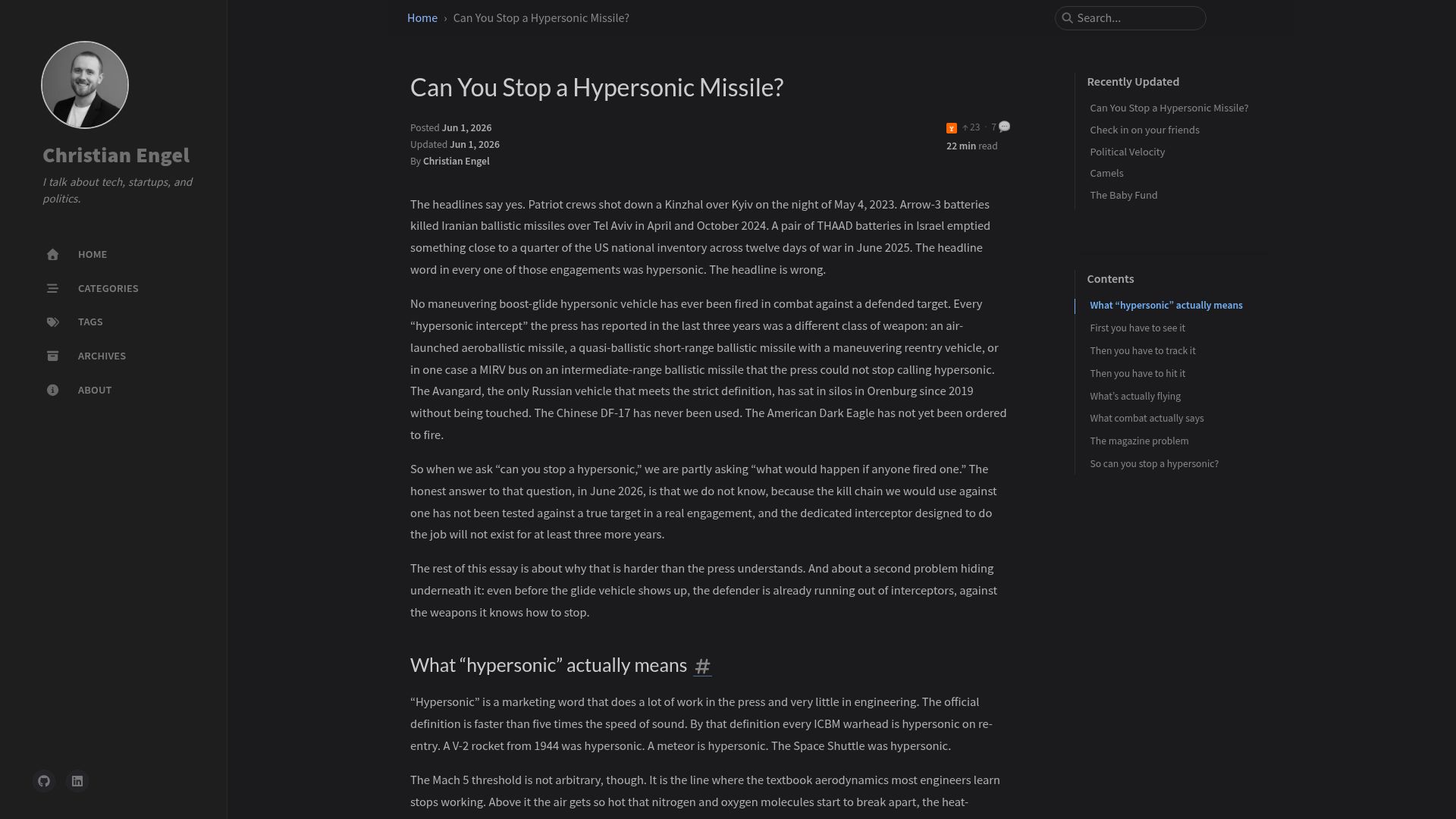 Screenshot of protortyp.github.io: Can You Stop a Hypersonic Missile?