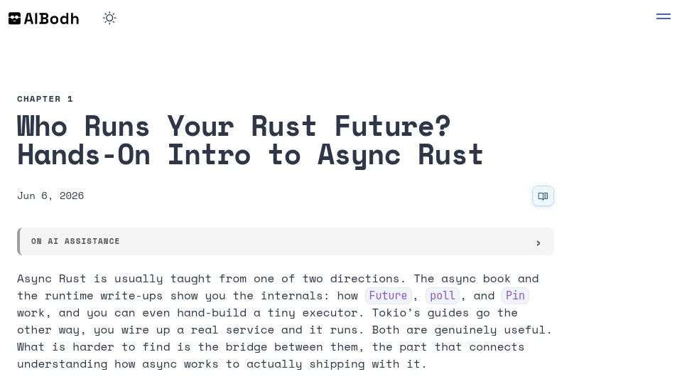 Screenshot of aibodh.com: Who Runs Your Rust Future? Hands-On Intro to Async Rust