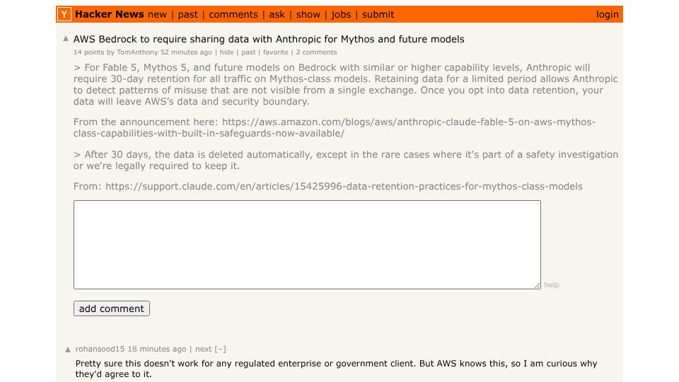 Screenshot of Hacker News post: AWS Bedrock to require sharing data with Anthropic for Mythos and future models
