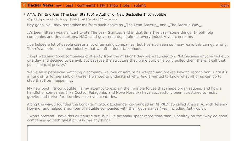 Screenshot of Hacker News post: I'm Eric Ries, author of "The Lean Startup" and new book "Incorruptible" – AMA