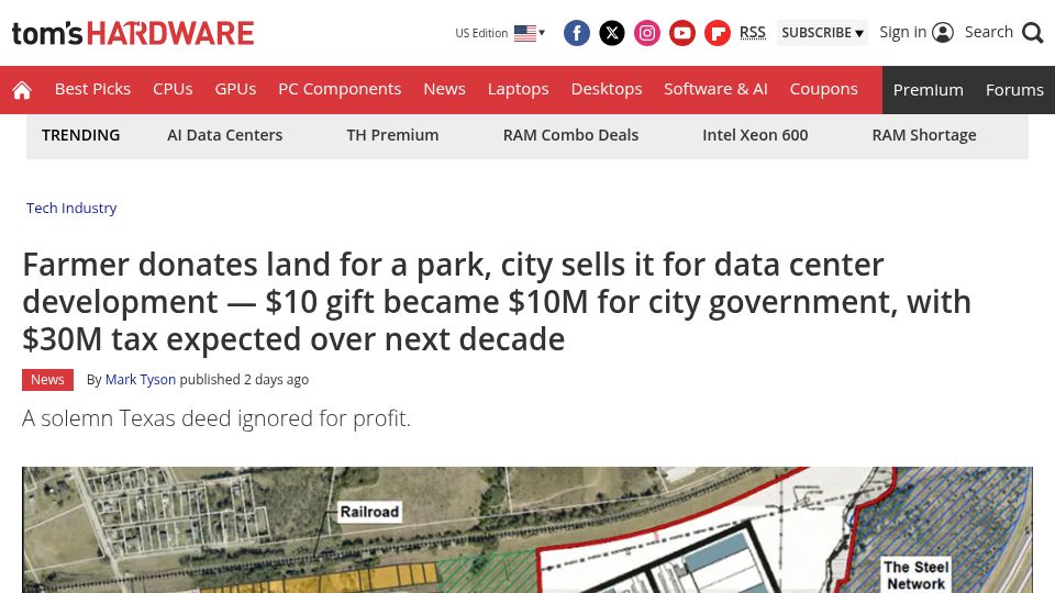 Screenshot of tomshardware.com: Farmer donates land for a park, city sells it for $10M as data center land