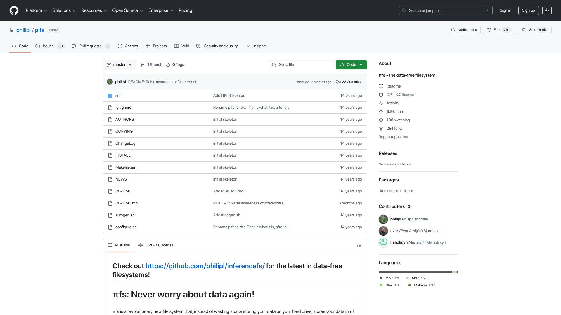 Screenshot of github.com: πFS