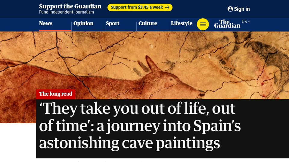 Screenshot of theguardian.com: 'They take you out of life, out of time': a journey into Spain's cave paintings