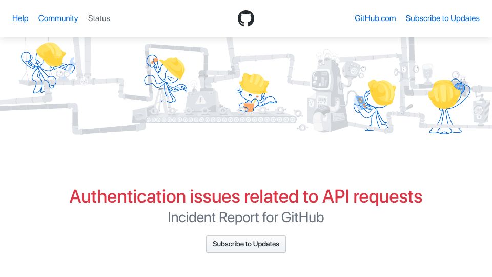 Screenshot of githubstatus.com: Authentication issues related to API requests