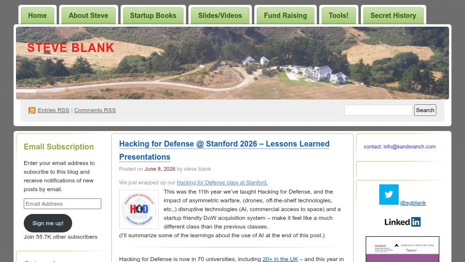 Screenshot of steveblank.com: Hacking for Defense Stanford 2026 – Lessons Learned Presentations