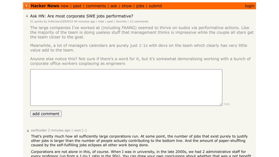 Screenshot of Hacker News post: Ask HN: Are most corporate SWE jobs performative?